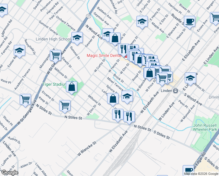 map of restaurants, bars, coffee shops, grocery stores, and more near 410 West Elm Street in Linden