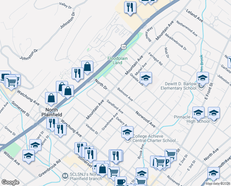 map of restaurants, bars, coffee shops, grocery stores, and more near in North Plainfield