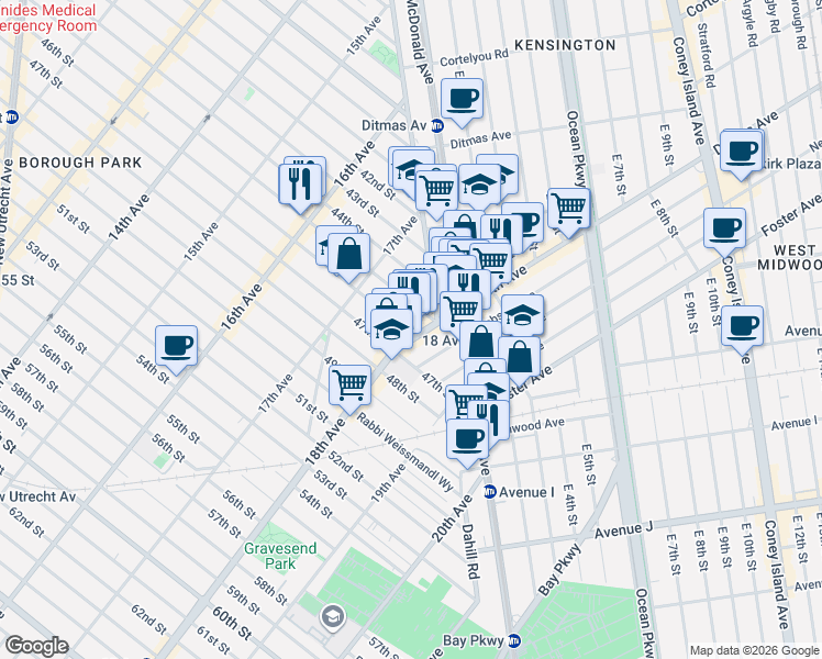 map of restaurants, bars, coffee shops, grocery stores, and more near 4522 18th Avenue in Brooklyn