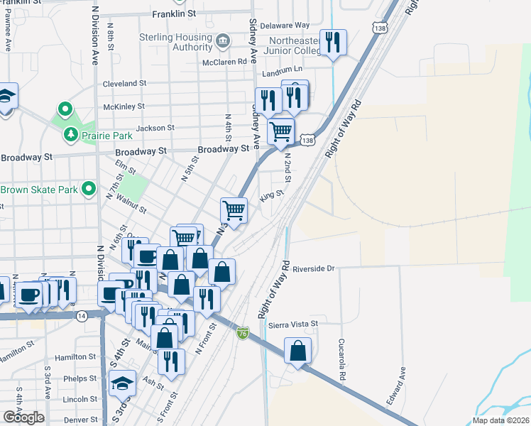 map of restaurants, bars, coffee shops, grocery stores, and more near 512 Sidney Avenue in Sterling