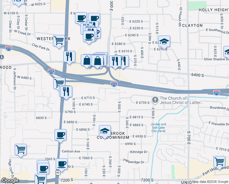 map of restaurants, bars, coffee shops, grocery stores, and more near 291 Twin Bridges Lane South in Midvale