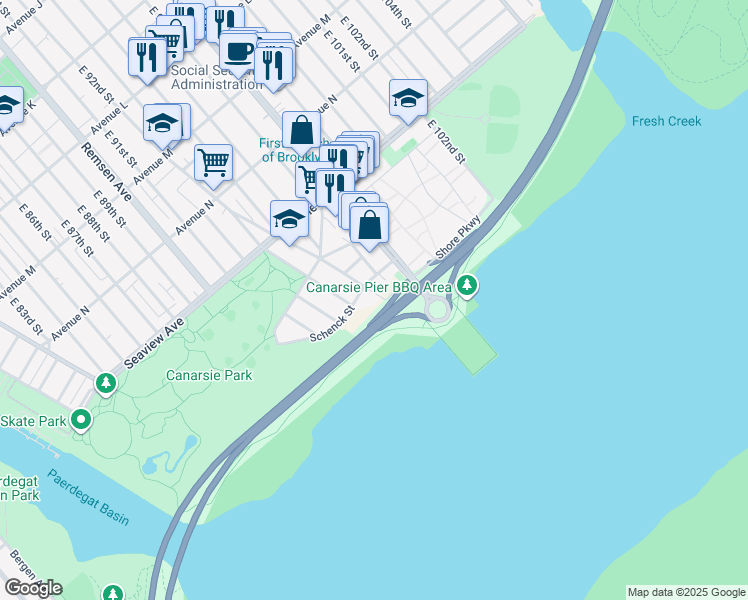 map of restaurants, bars, coffee shops, grocery stores, and more near 9325 Schenck Street in Brooklyn