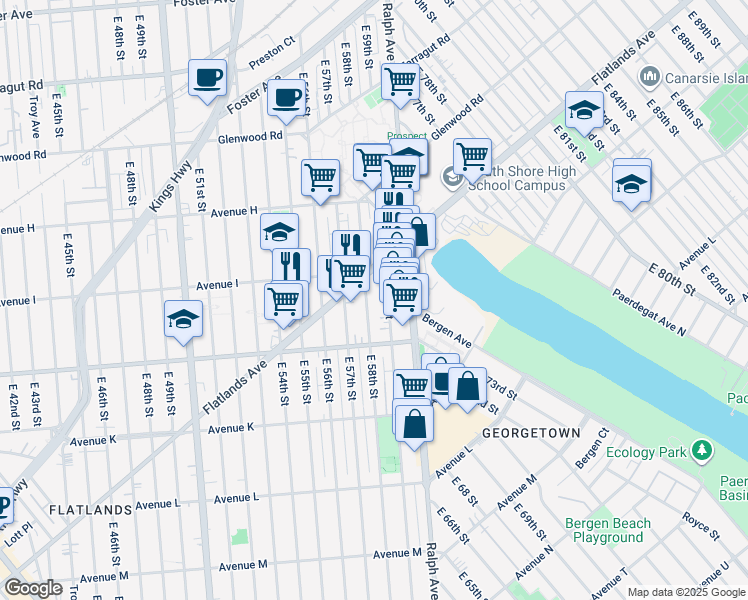 map of restaurants, bars, coffee shops, grocery stores, and more near 995 East 58th Street in Brooklyn