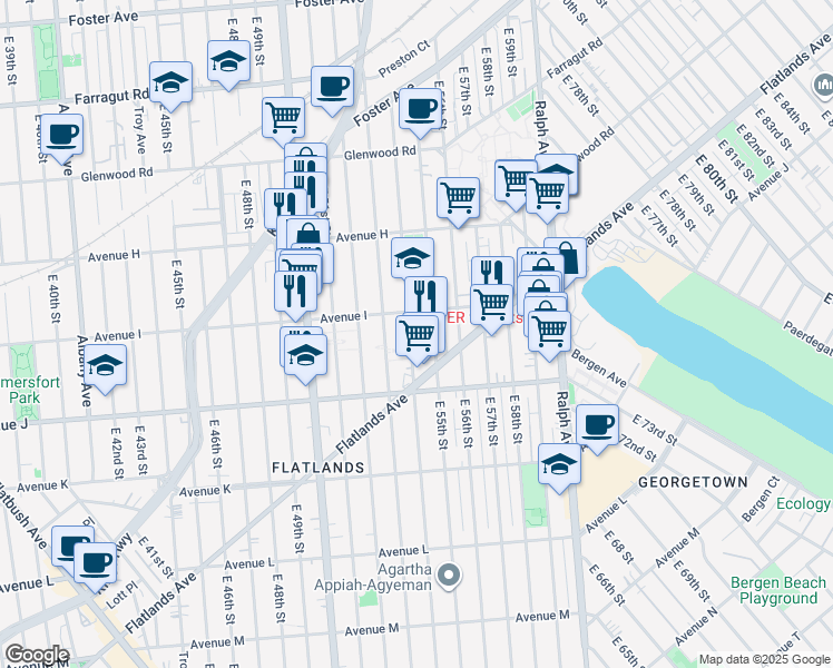 map of restaurants, bars, coffee shops, grocery stores, and more near 5320 Avenue I in Brooklyn