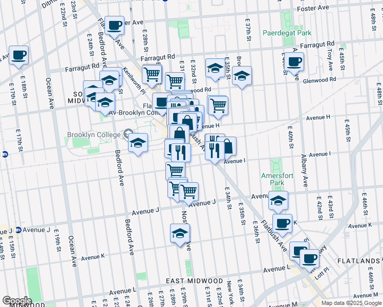 map of restaurants, bars, coffee shops, grocery stores, and more near 1640 Flatbush Avenue in Brooklyn
