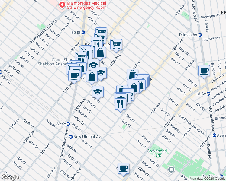 map of restaurants, bars, coffee shops, grocery stores, and more near 1467 53rd Street in Brooklyn