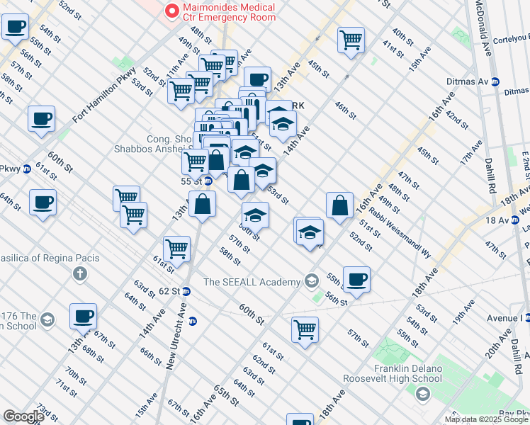 map of restaurants, bars, coffee shops, grocery stores, and more near 1429 54th Street in Brooklyn