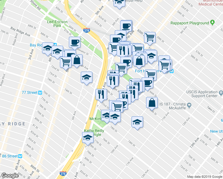 map of restaurants, bars, coffee shops, grocery stores, and more near 69068 8th Avenue in Brooklyn