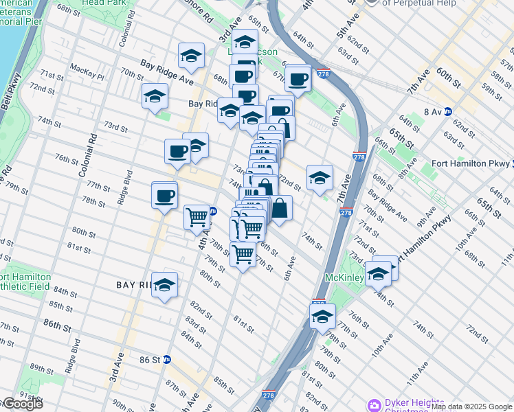 map of restaurants, bars, coffee shops, grocery stores, and more near 7402 5th Avenue in Brooklyn