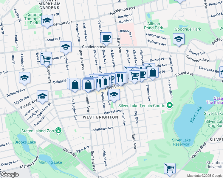 map of restaurants, bars, coffee shops, grocery stores, and more near 525 Forest Avenue in Staten Island