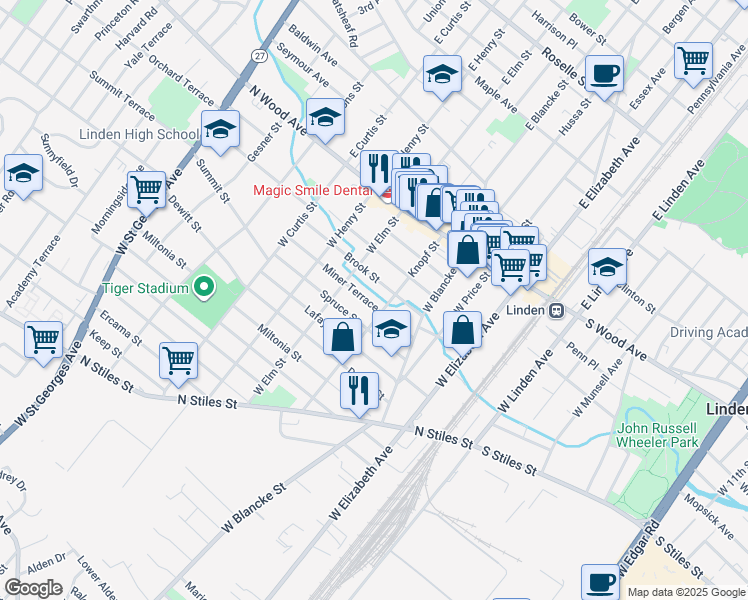 map of restaurants, bars, coffee shops, grocery stores, and more near 430 Miner Terrace in Linden
