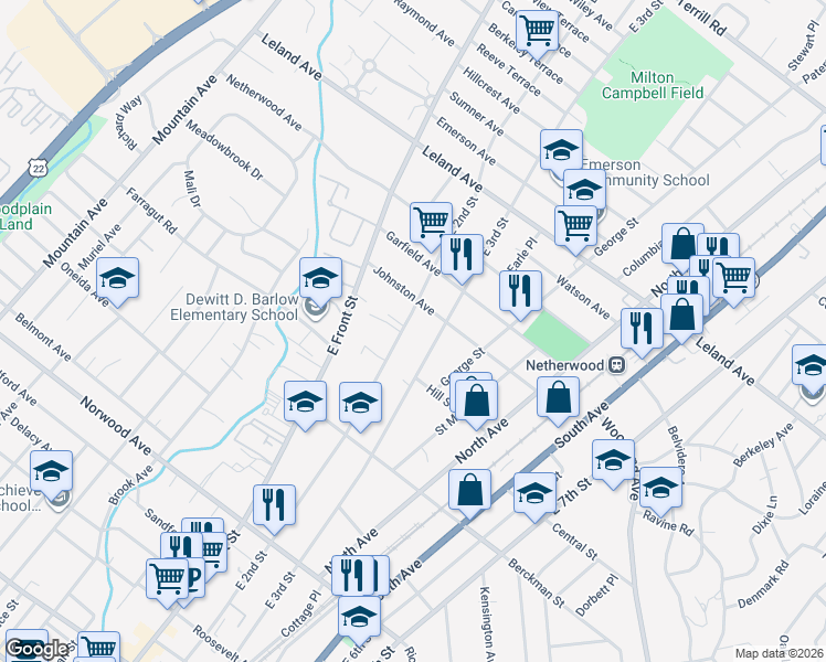 map of restaurants, bars, coffee shops, grocery stores, and more near in Plainfield