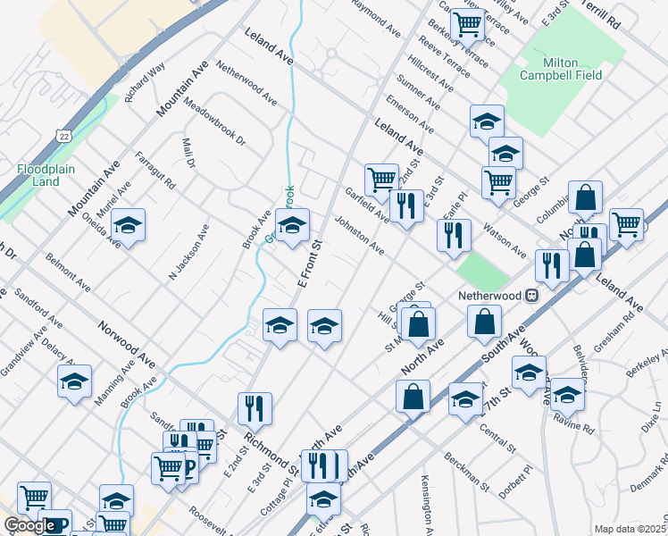map of restaurants, bars, coffee shops, grocery stores, and more near 853 East Front Street in Plainfield