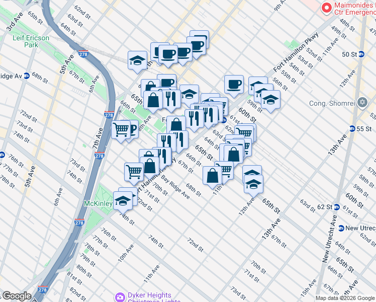 map of restaurants, bars, coffee shops, grocery stores, and more near 6512 Fort Hamilton Parkway in Brooklyn