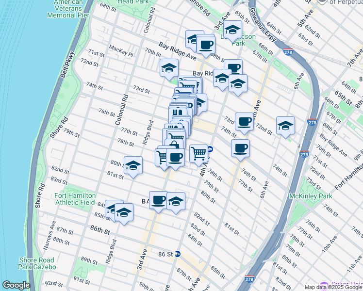 map of restaurants, bars, coffee shops, grocery stores, and more near 7605 3rd Avenue in Brooklyn