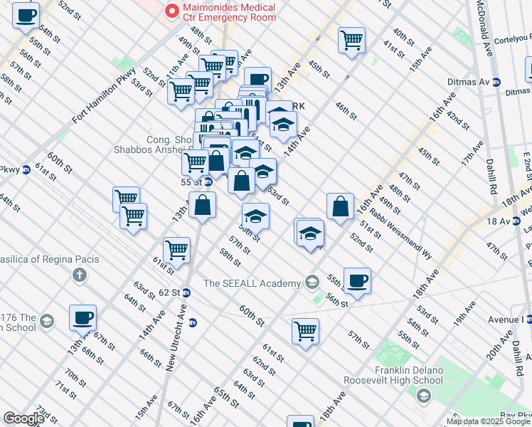 map of restaurants, bars, coffee shops, grocery stores, and more near 1440 54th Street in Brooklyn