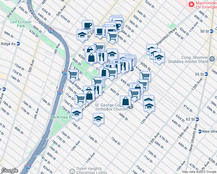 map of restaurants, bars, coffee shops, grocery stores, and more near Fort Hamilton Pkwy & 66th St in Brooklyn