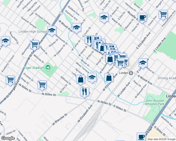map of restaurants, bars, coffee shops, grocery stores, and more near 430 Miner Terrace in Linden