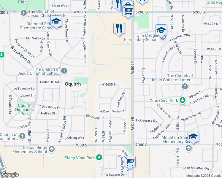 map of restaurants, bars, coffee shops, grocery stores, and more near 5732 West Moon Crest Court in West Jordan
