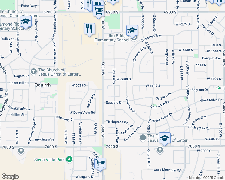map of restaurants, bars, coffee shops, grocery stores, and more near 6664 Lotus Way in West Jordan