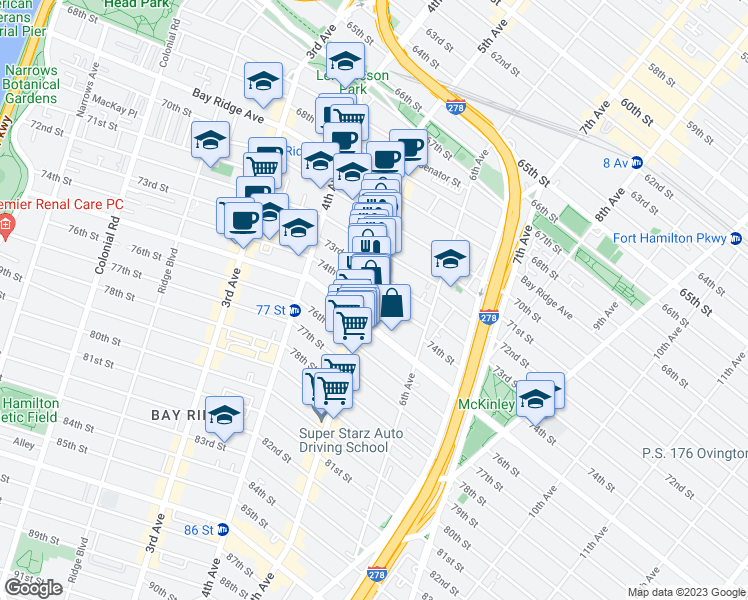 map of restaurants, bars, coffee shops, grocery stores, and more near 504 74th Street in Brooklyn