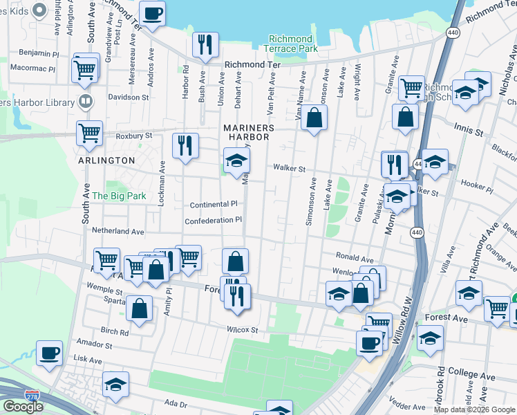 map of restaurants, bars, coffee shops, grocery stores, and more near 224 Van Pelt Avenue in Staten Island
