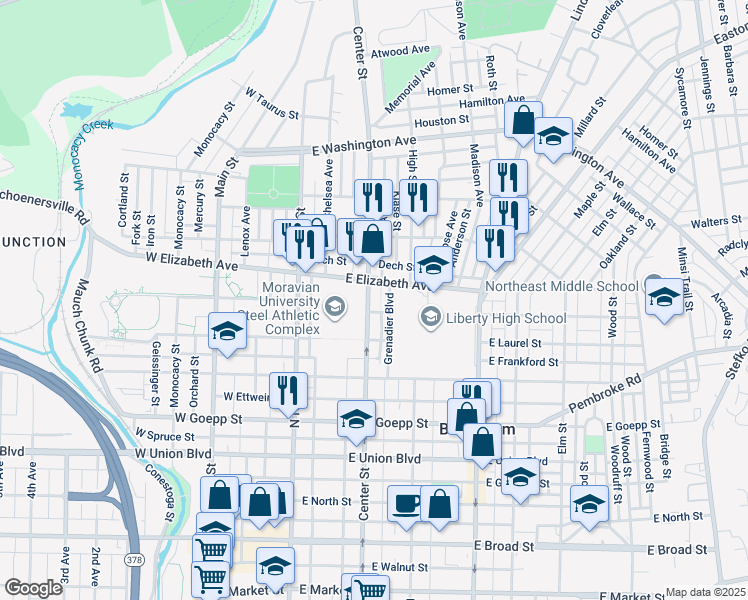map of restaurants, bars, coffee shops, grocery stores, and more near 1212 Center Street in Bethlehem