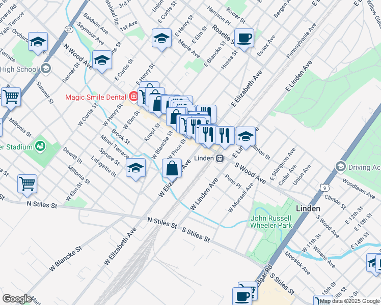 map of restaurants, bars, coffee shops, grocery stores, and more near in Linden