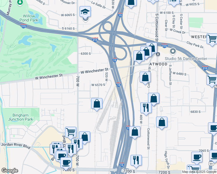 map of restaurants, bars, coffee shops, grocery stores, and more near 6578 Daniel Way in Murray
