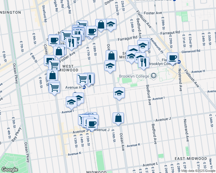 map of restaurants, bars, coffee shops, grocery stores, and more near 1809 Avenue H in Brooklyn