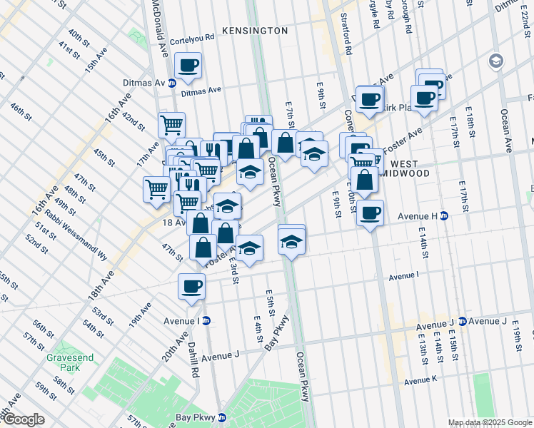 map of restaurants, bars, coffee shops, grocery stores, and more near 173 Parkville Avenue in Brooklyn