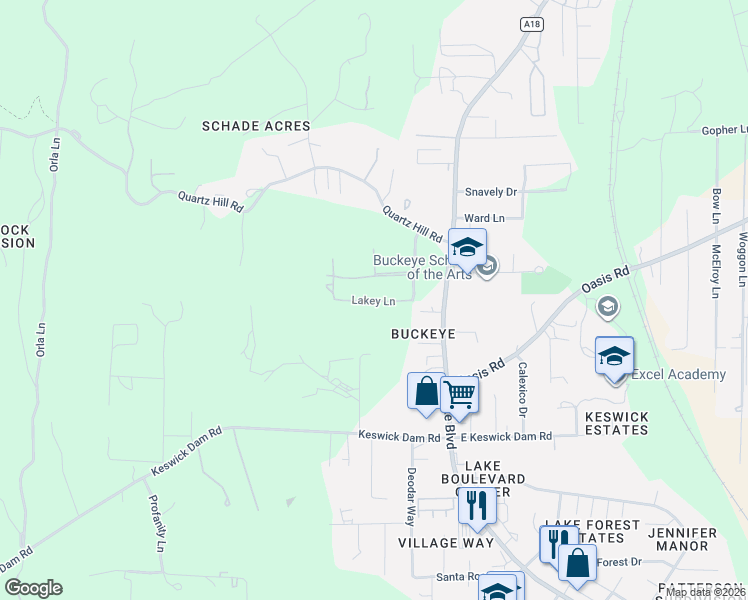 map of restaurants, bars, coffee shops, grocery stores, and more near 3130 Lakey Lane in Redding
