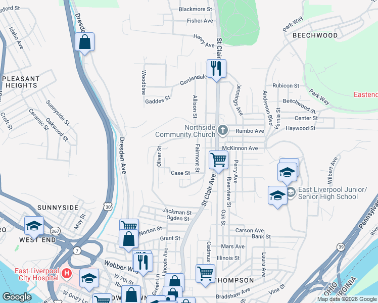 map of restaurants, bars, coffee shops, grocery stores, and more near 1401 Fairmont Street in East Liverpool