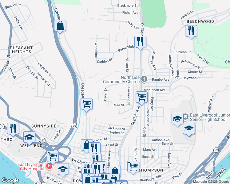 map of restaurants, bars, coffee shops, grocery stores, and more near 458 Orchard Grove Avenue in East Liverpool