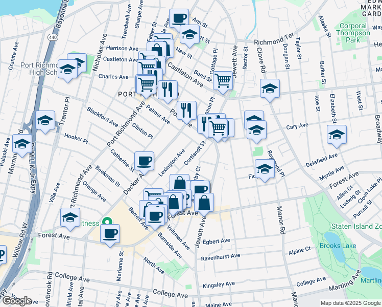 map of restaurants, bars, coffee shops, grocery stores, and more near 26 Lexington Avenue in Staten Island