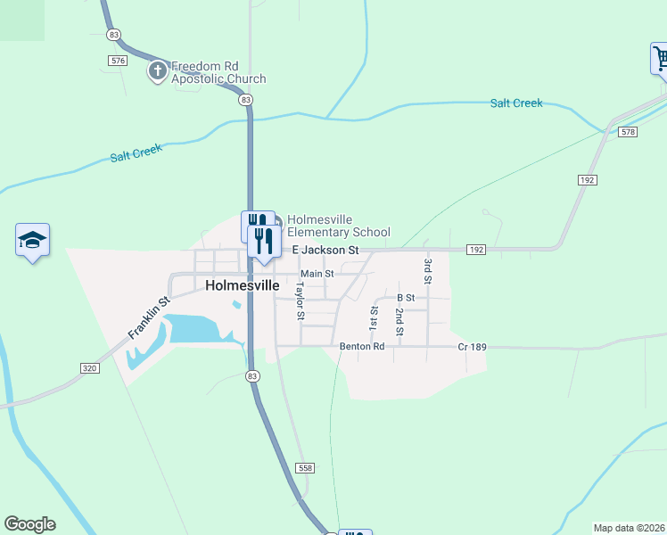 map of restaurants, bars, coffee shops, grocery stores, and more near 310 East Jackson Street in Holmesville