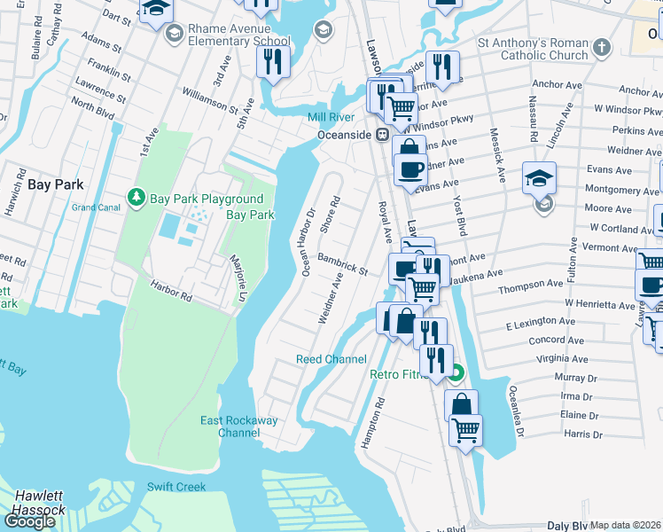 map of restaurants, bars, coffee shops, grocery stores, and more near 429 Bambrick Street in Oceanside