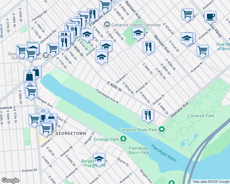 map of restaurants, bars, coffee shops, grocery stores, and more near 1221 East 80th Street in Brooklyn