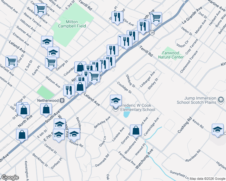 map of restaurants, bars, coffee shops, grocery stores, and more near 700-02 Coolidge Street in Plainfield