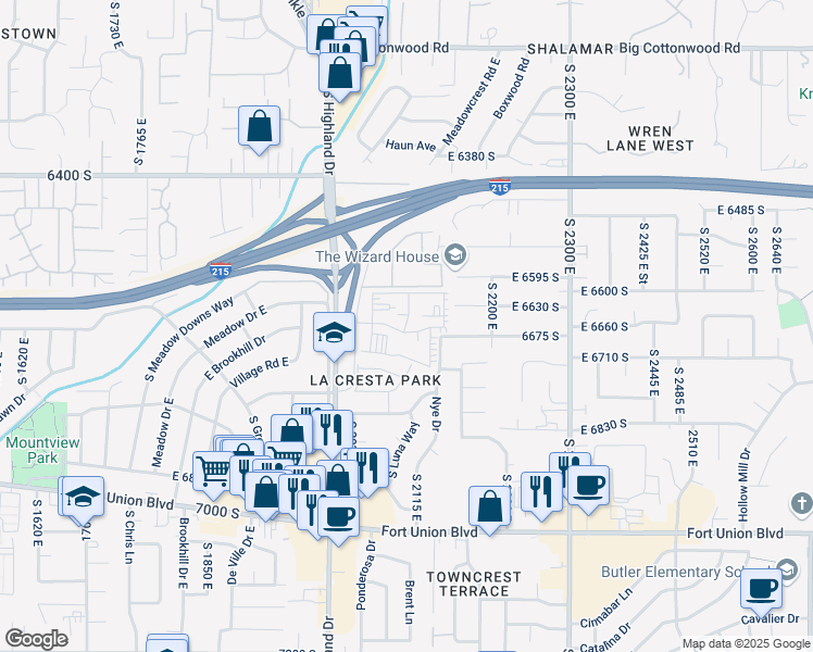 map of restaurants, bars, coffee shops, grocery stores, and more near 2102 E 6655 S in Salt Lake City