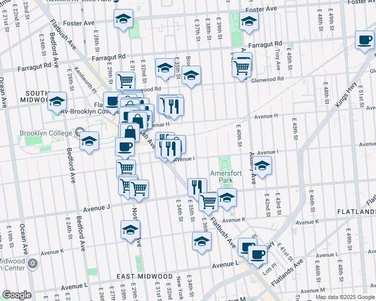 map of restaurants, bars, coffee shops, grocery stores, and more near 989 East 35th Street in Brooklyn
