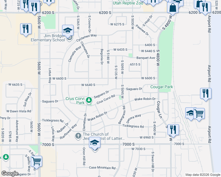 map of restaurants, bars, coffee shops, grocery stores, and more near 5156 Saguaro Drive in West Jordan