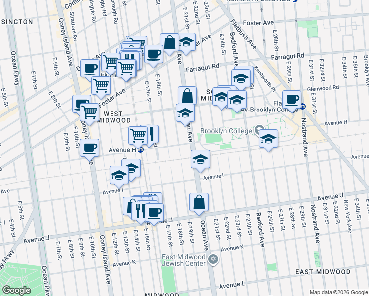 map of restaurants, bars, coffee shops, grocery stores, and more near 1924 H Avenue in Brooklyn