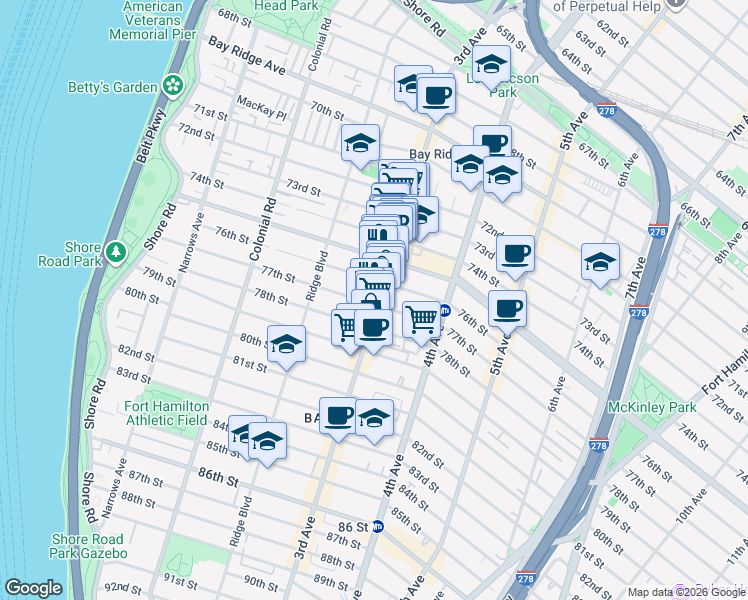 map of restaurants, bars, coffee shops, grocery stores, and more near 7605 3rd Avenue in Brooklyn
