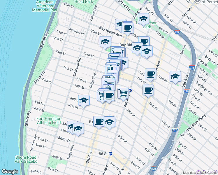 map of restaurants, bars, coffee shops, grocery stores, and more near 7605 3rd Avenue in Brooklyn