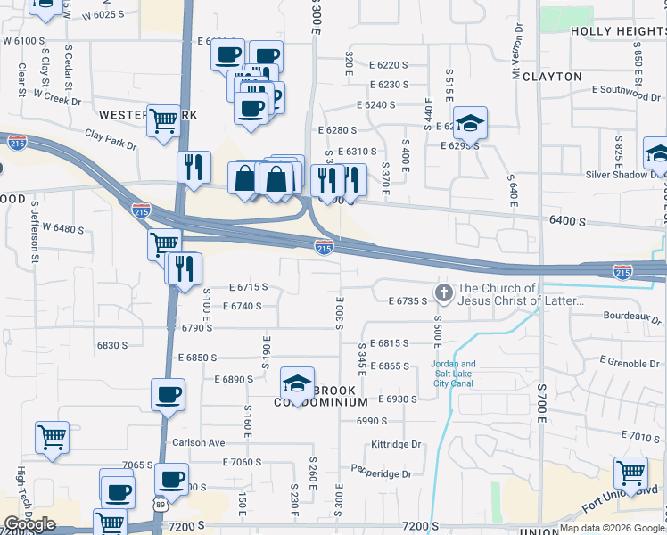 map of restaurants, bars, coffee shops, grocery stores, and more near 291 Twin Bridges Lane South in Midvale