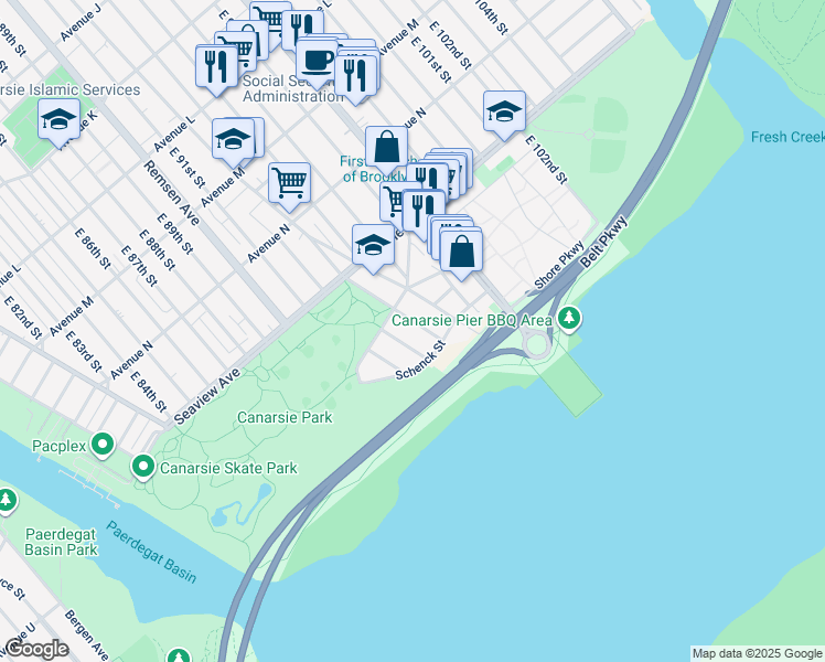 map of restaurants, bars, coffee shops, grocery stores, and more near 1771 East 93rd Street in Brooklyn