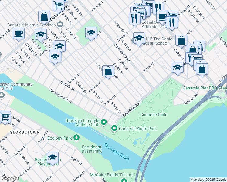 map of restaurants, bars, coffee shops, grocery stores, and more near 1364 East 86th Street in Brooklyn