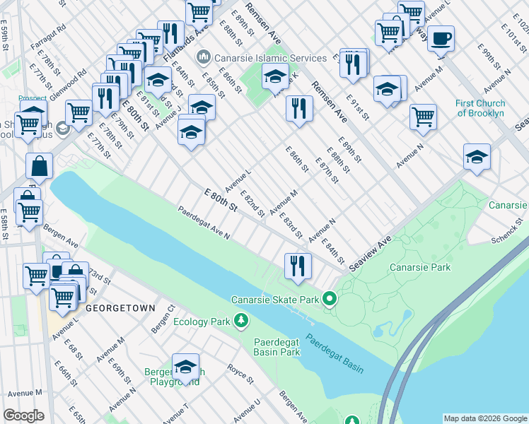 map of restaurants, bars, coffee shops, grocery stores, and more near 1257 East 82nd Street in Brooklyn