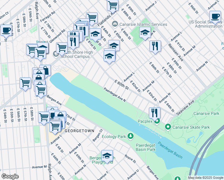 map of restaurants, bars, coffee shops, grocery stores, and more near 29 Paerdegat 7th Street in Brooklyn
